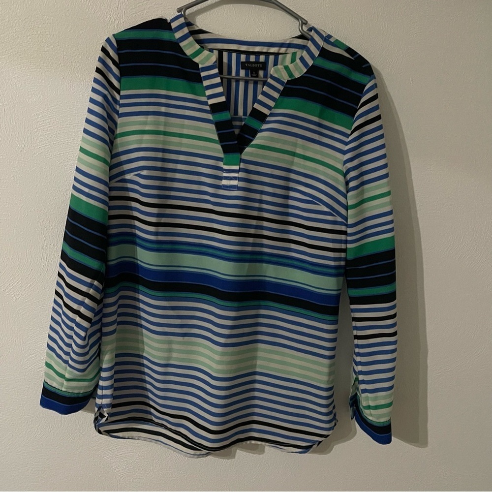 Talbots striped blue green blouse V-neck size small like new